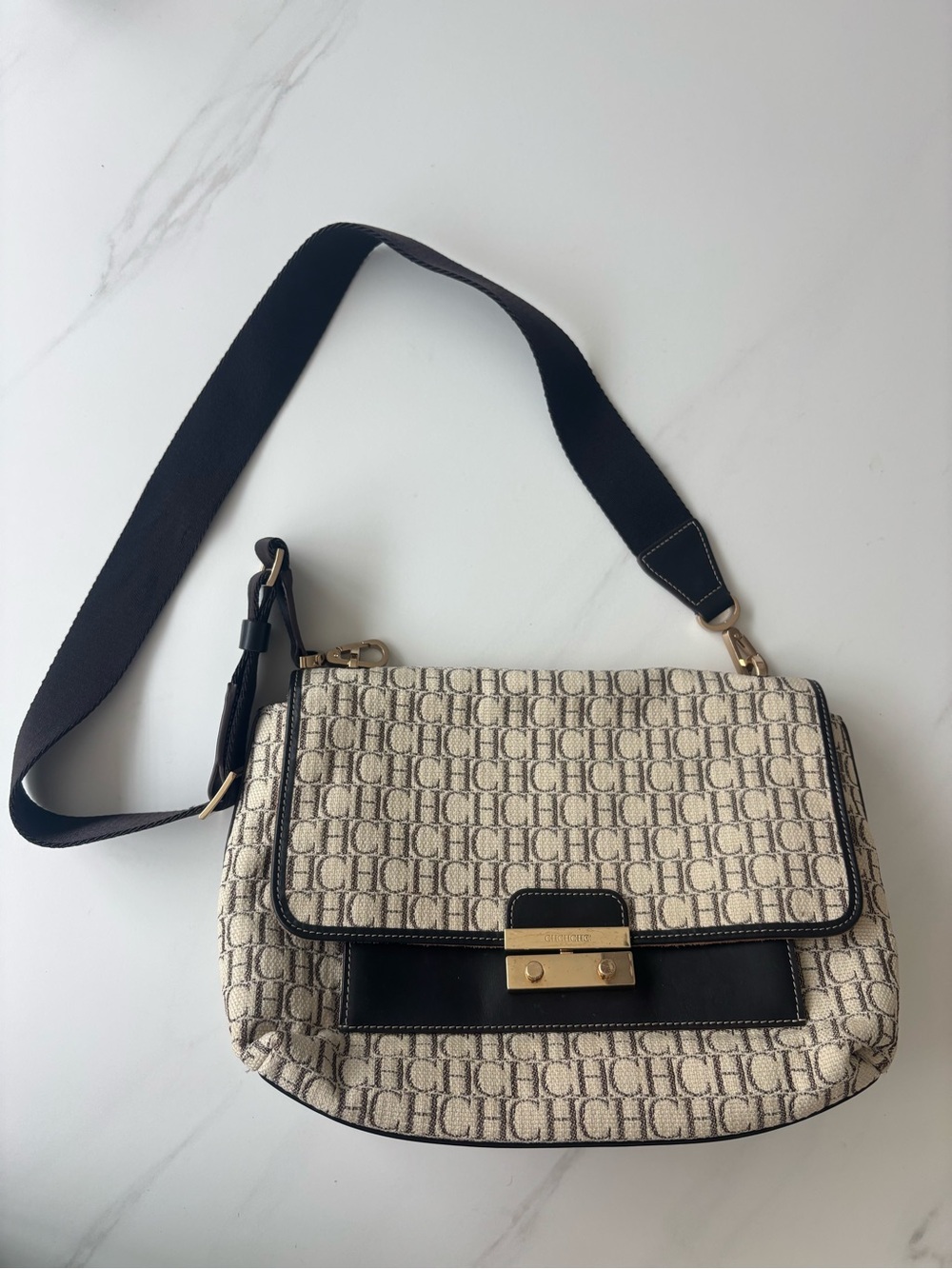 Carolina Herrera Beige & Black CH Monogram Crossbody Vintage - Picture 2 of 10